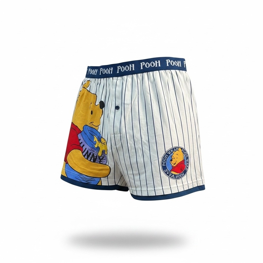 Disney Winnie the Pooh Mens Pinstripe Boxer Shorts Large White Navy Blue Cotton